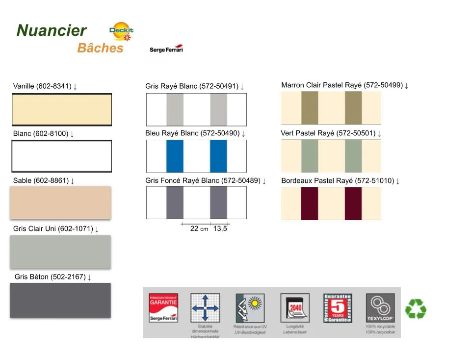 Nuancier des 11 coloris de bâches pour terrasse de mobil home, unis et rayés